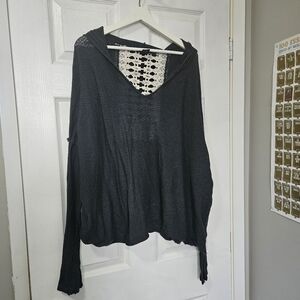 Chic Black Knit Sweater with Crochet Detail